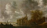 Figures Canvas Paintings - An extensive river landscape with figures rowing and a castle beyond